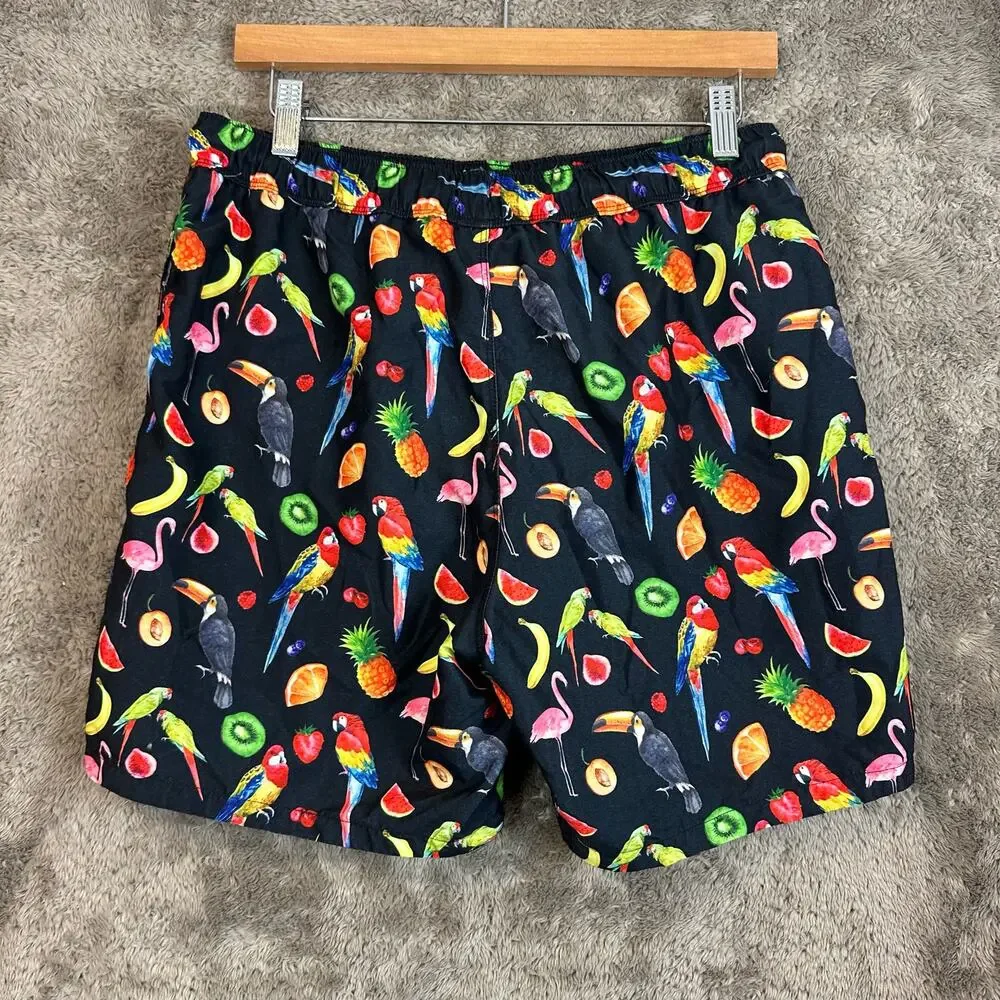 Asos  Swim Trunks Shorts Parrots Fruit Print Medium M Black Hawaiian Beachy